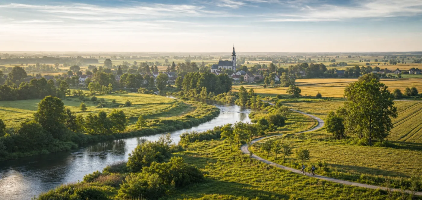 Krajobraz Górnej Prosny z rzeką, polami i miejscowością